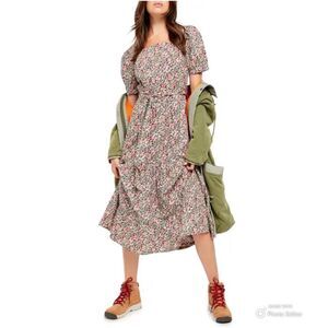 Free People Heartlands Floral Puff Sleeve Tiered Cotton Midi Maxi Dress Size S